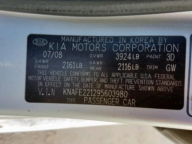 KNAFE221295603980 - 2009 KIA SPECTRA EX SILVER photo 10