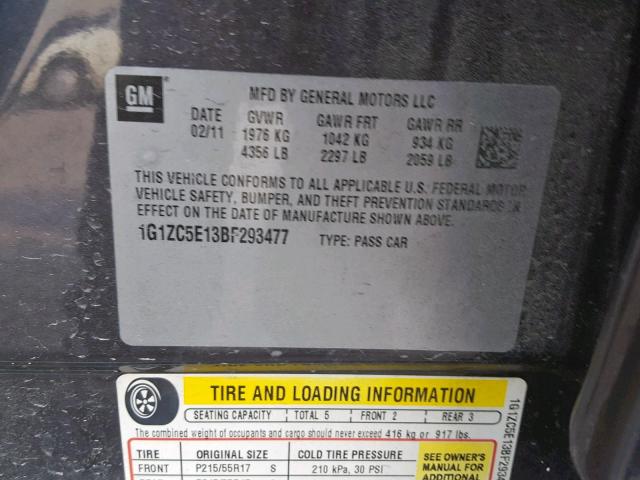 1G1ZC5E13BF293477 - 2011 CHEVROLET MALIBU 1LT GRAY photo 10