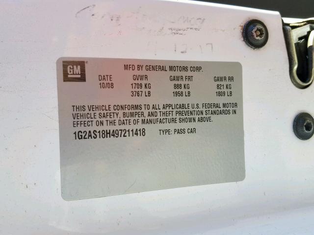 1G2AS18H497211418 - 2009 PONTIAC G5 WHITE photo 10