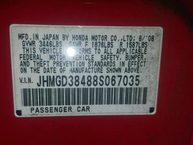 JHMGD38488S067035 - 2008 HONDA FIT RED photo 10