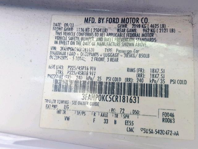 3FAHP0KC5CR181631 - 2012 FORD FUSION SPO WHITE photo 10