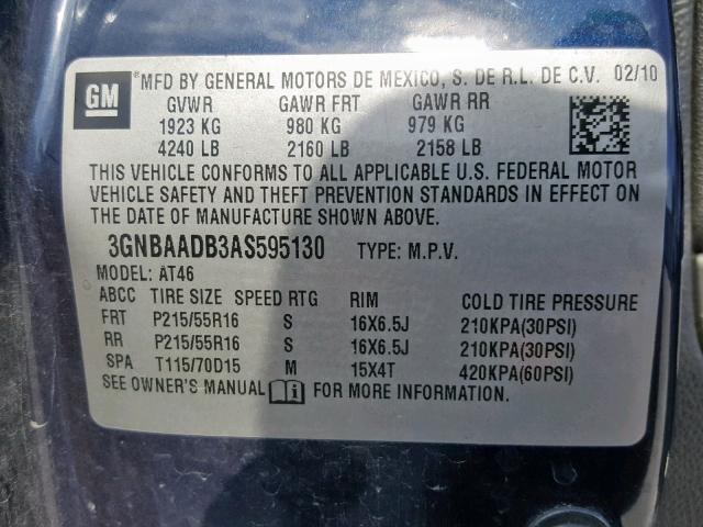 3GNBAADB3AS595130 - 2010 CHEVROLET HHR LS BLUE photo 10