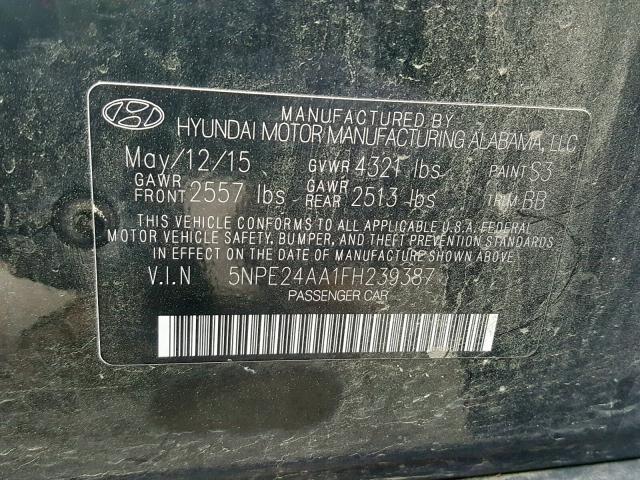 5NPE24AA1FH239387 - 2015 HYUNDAI SONATA ECO BLACK photo 10