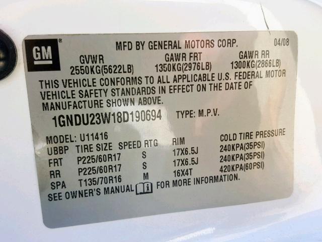 1GNDU23W18D190694 - 2008 CHEVROLET UPLANDER L 白色 照片 10