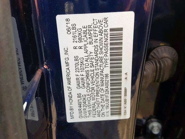 19UUB1F32KA002186 - 2019 ACURA TLX BLUE photo 10