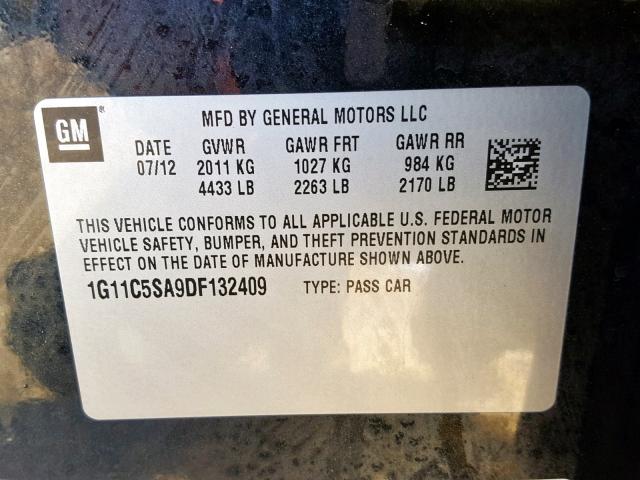 1G11C5SA9DF132409 - 2013 CHEVROLET MALIBU 1LT 黑色 照片 10