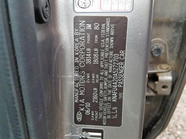 KNAFU4A20A5272703 - 2010 KIA FORTE EX GRAY photo 10