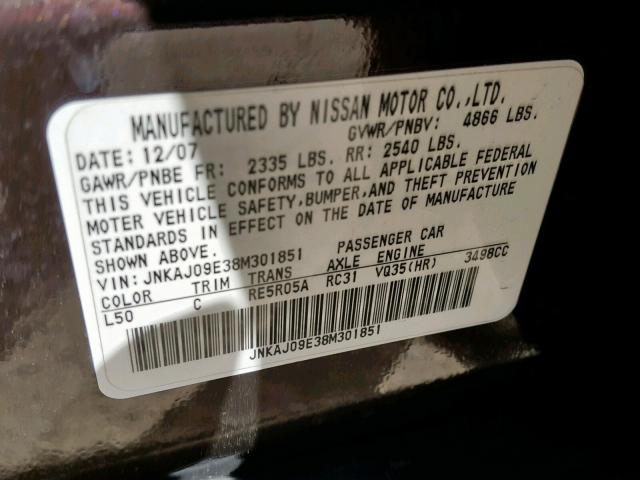 JNKAJ09E38M301851 - 2008 INFINITI EX35 BASE BROWN photo 10
