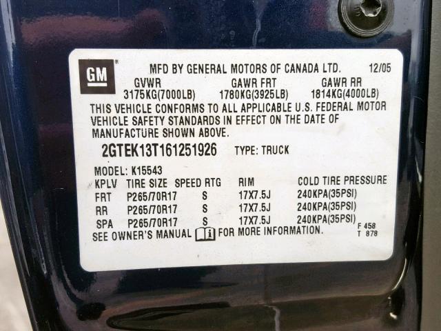 2GTEK13T161251926 - 2006 GMC NEW SIERRA BLUE photo 10