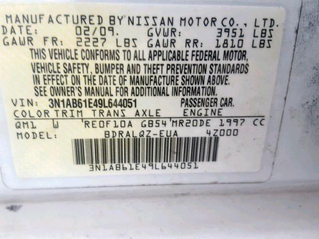 3N1AB61E49L644051 - 2009 NISSAN SENTRA 2.0 WHITE photo 10