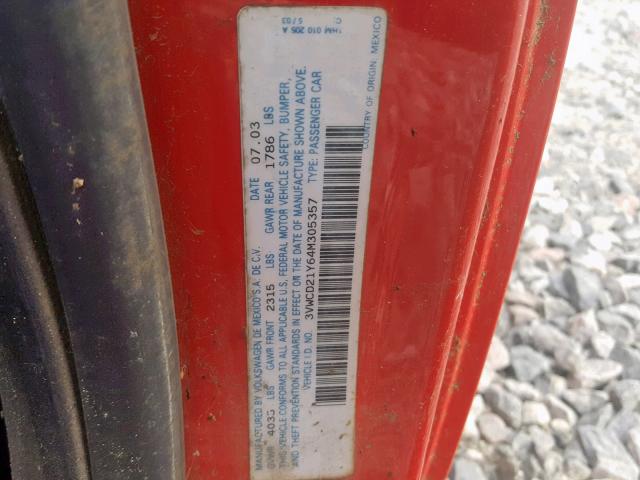 3VWCD21Y64M305357 - 2004 VOLKSWAGEN NEW BEETLE წითელი ფოტო 10