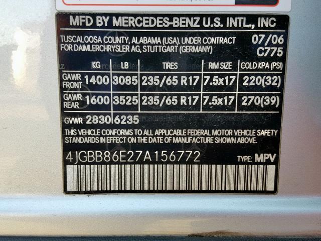 4JGBB86E27A156772 - 2007 MERCEDES-BENZ ML 350 SILVER photo 10