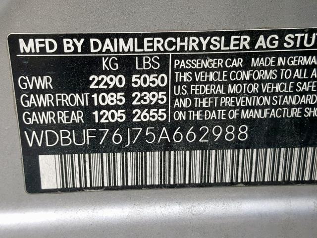 WDBUF76J75A662988 - 2005 MERCEDES-BENZ E 55 AMG SILVER photo 10