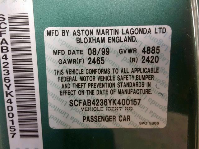 SCFAB4236YK400157 - 2000 ASTON MARTIN DB7 VANTAG GREEN photo 10