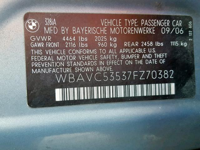 WBAVC53537FZ70382 - 2007 BMW 328 I SULE BLUE photo 10