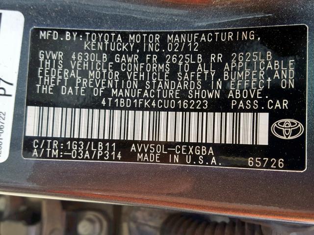 4T1BD1FK4CU016223 - 2012 TOYOTA CAMRY HYBR GRAY photo 10