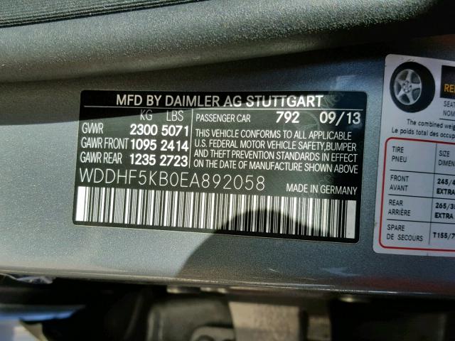 WDDHF5KB0EA892058 - 2014 MERCEDES-BENZ E 350 GRAY photo 10