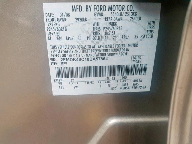 2FMDK48C18BA57864 - 2008 FORD EDGE SEL SILVER photo 10