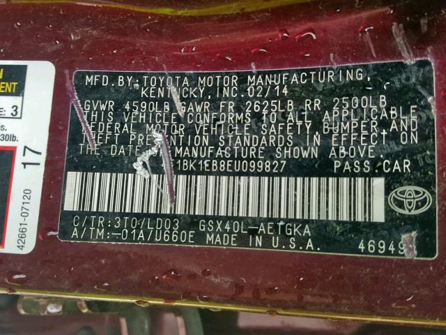 4T1BK1EB8EU099827 - 2014 TOYOTA AVALON BAS BURGUNDY photo 10