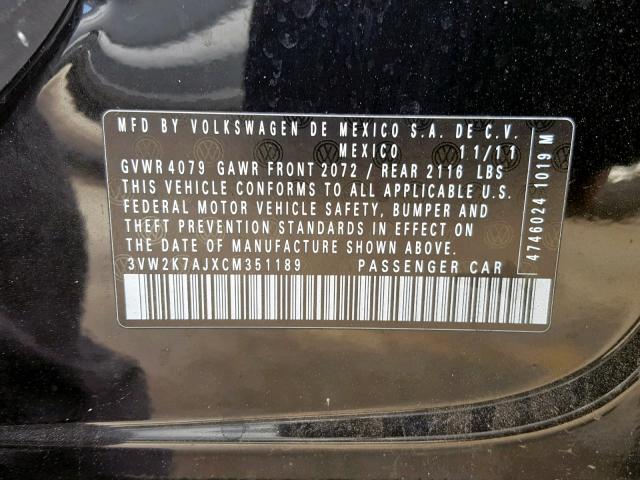 3VW2K7AJXCM351189 - 2012 VOLKSWAGEN JETTA BASE BLACK photo 10
