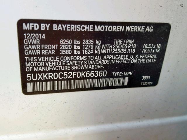 5UXKR0C52F0K66360 - 2015 BMW X5 XDRIVE3 WHITE photo 10