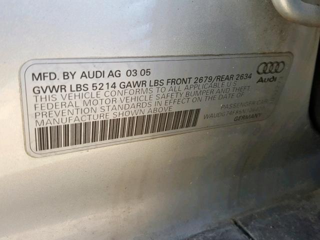 WAUDG74F85N106420 - 2005 AUDI A6 3.2 QUA SILVER photo 10