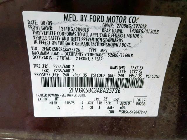 2FMGK5BC3ABA25726 - 2010 FORD FLEX SE BURGUNDY photo 10