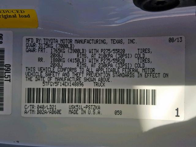 5TFGY5F14EX148896 - 2014 TOYOTA TUNDRA CRE WHITE photo 10