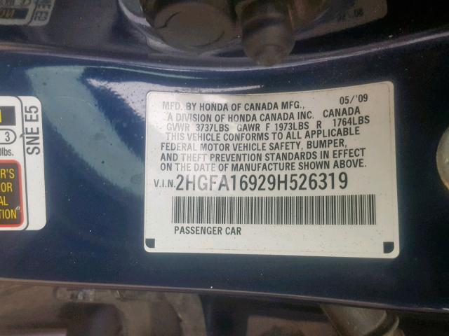 2HGFA16929H526319 - 2009 HONDA CIVIC EXL BLUE photo 10