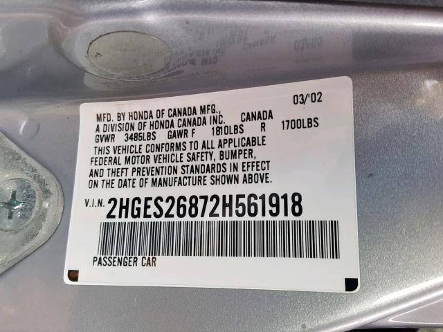 2HGES26872H561918 - 2002 HONDA CIVIC EX 银色 照片 10