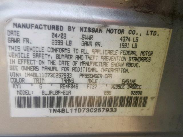 1N4BL11D73C257933 - 2003 NISSAN ALTIMA SE SILVER photo 10