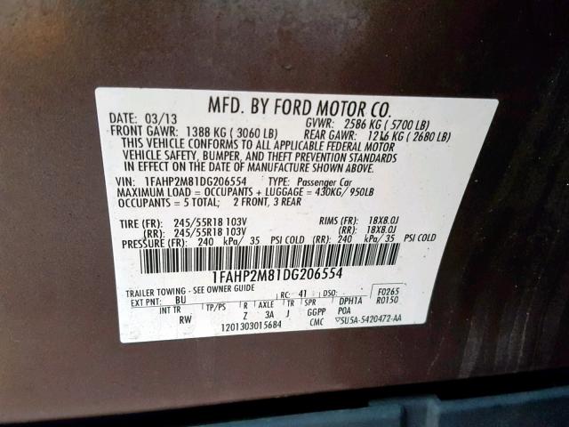 1FAHP2M81DG206554 - 2013 FORD TAURUS POL BROWN photo 10