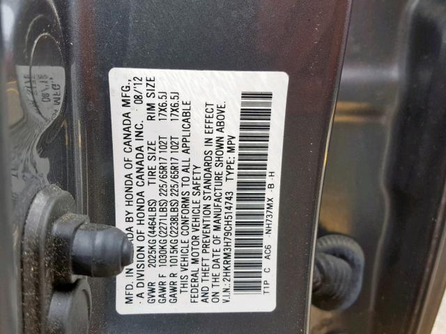 2HKRM3H79CH514743 - 2012 HONDA CR-V EXL GRAY photo 10