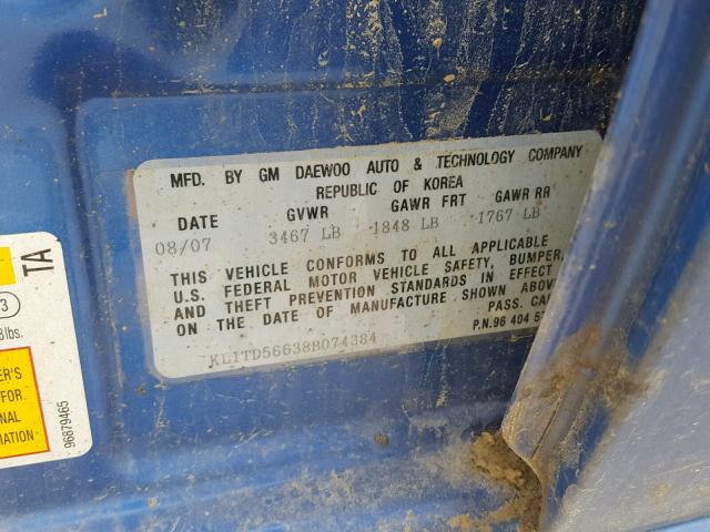 KL1TD56638B074384 - 2008 CHEVROLET AVEO BASE Көк фото 10