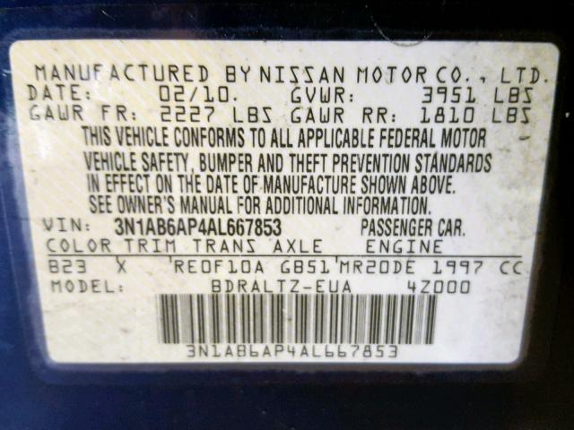 3N1AB6AP4AL667853 - 2010 NISSAN SENTRA 2.0 BLUE photo 10