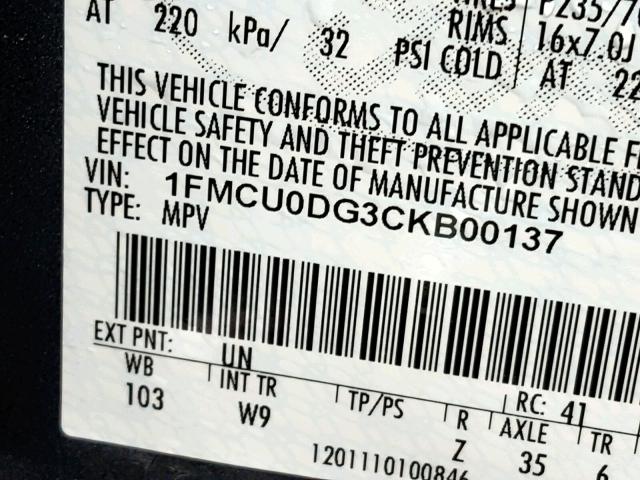 1FMCU0DG3CKB00137 - 2012 FORD ESCAPE XLT BLUE photo 10