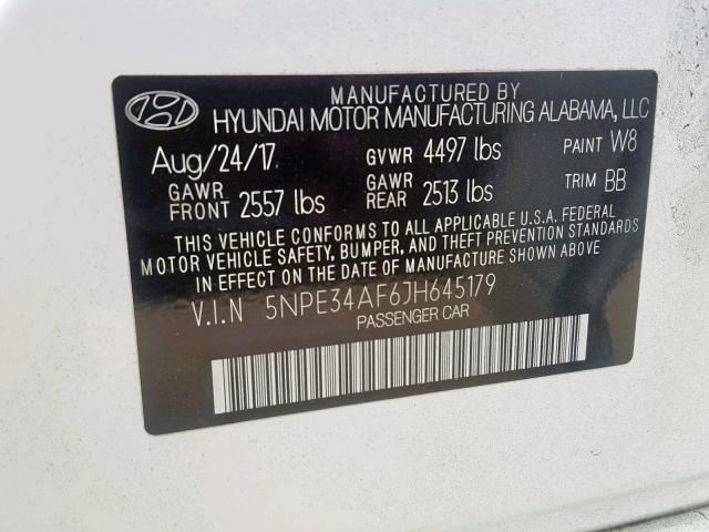 5NPE34AF6JH645179 - 2018 HYUNDAI SONATA SPO WHITE photo 10