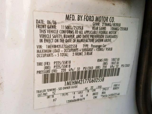 1MEHM42177G602558 - 2007 MERCURY MONTEGO PR 白色 照片 10