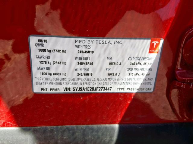 5YJSA1E20JF273447 - 2018 TESLA MODEL S წითელი ფოტო 10