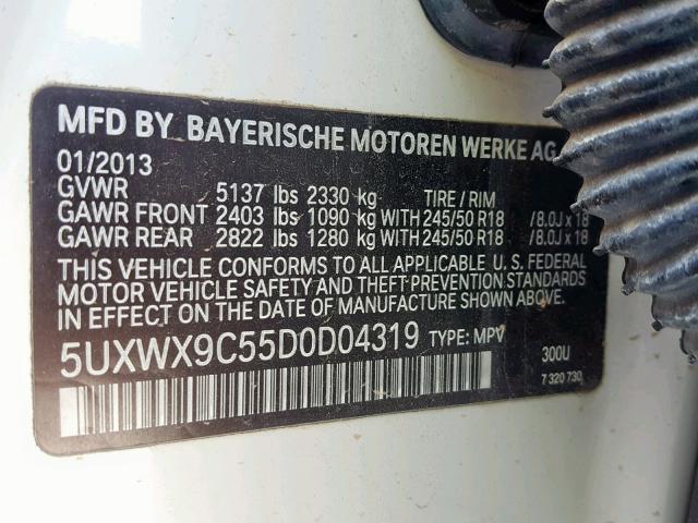 5UXWX9C55D0D04319 - 2013 BMW X3 XDRIVE2 WHITE photo 10