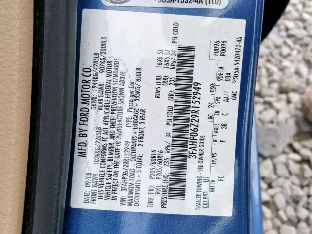 3FAHP06Z29R152949 - 2009 FORD FUSION S BLUE photo 10