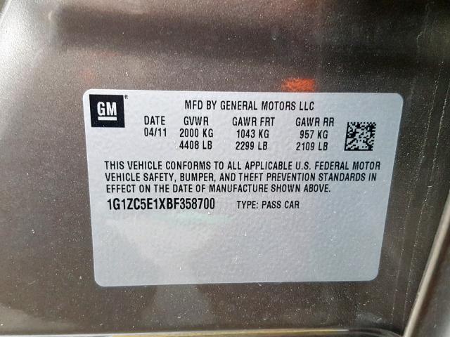 1G1ZC5E1XBF358700 - 2011 CHEVROLET MALIBU 1LT ოქროსფერი ფოტო 10