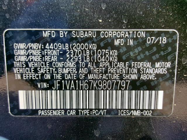 JF1VA1H67K9807797 - 2019 SUBARU WRX LIMITE GRAY photo 10