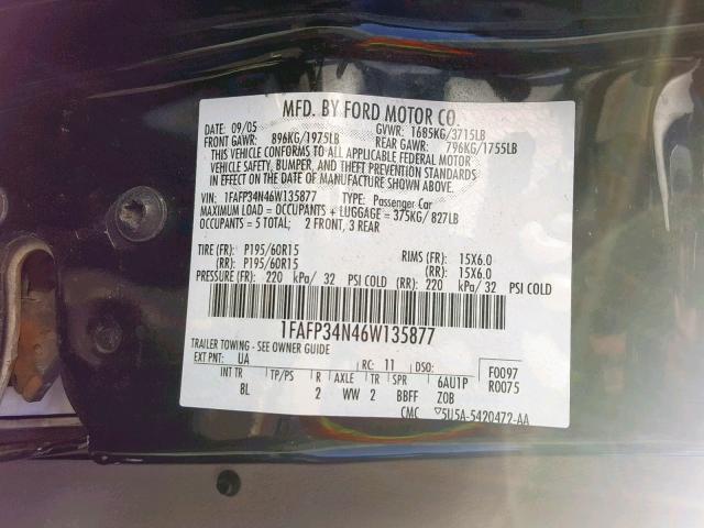 1FAFP34N46W135877 - 2006 FORD FOCUS ZX4 BLACK photo 10