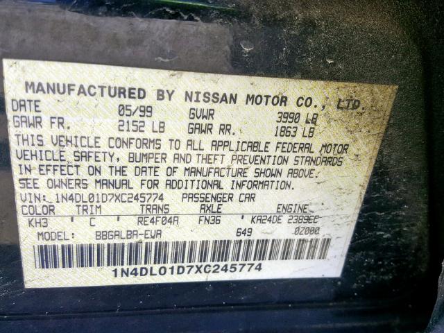 1N4DL01D7XC245774 - 1999 NISSAN ALTIMA XE BLACK photo 10