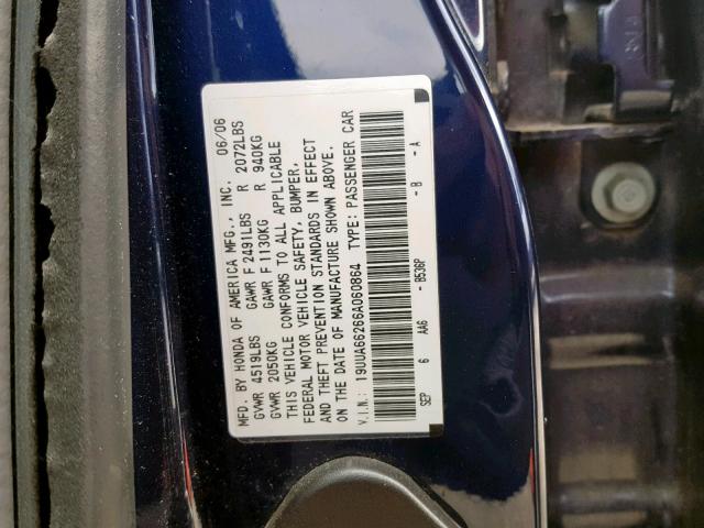 19UUA66266A060864 - 2006 ACURA 3.2TL BLUE photo 10