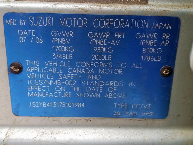 JS2YB413175101984 - 2007 SUZUKI SX4 SILVER photo 10