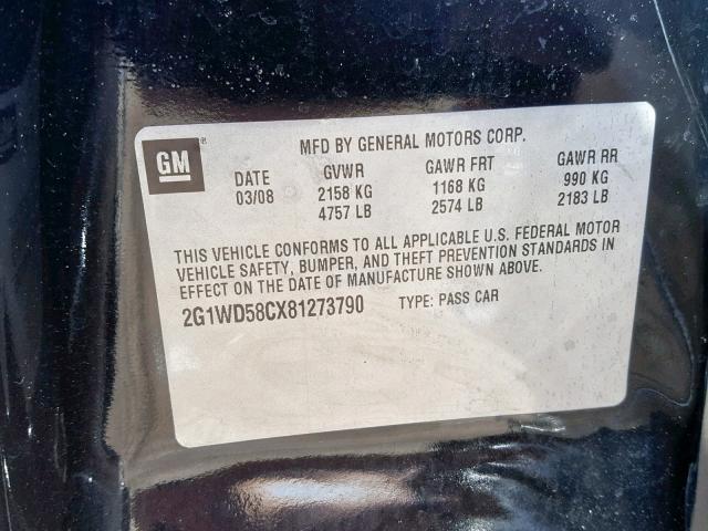 2G1WD58CX81273790 - 2008 CHEVROLET IMPALA SUP შავი ფოტო 10