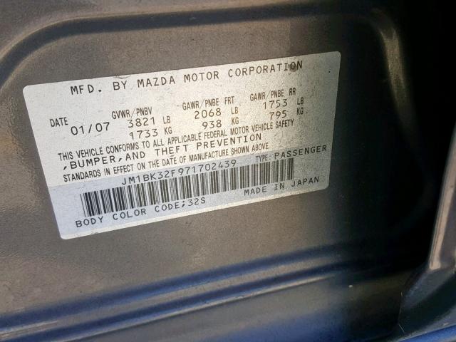 JM1BK32F971702439 - 2007 MAZDA 3 I GRAY photo 10