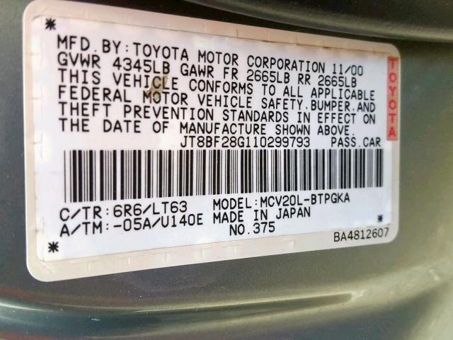 JT8BF28G110299793 - 2001 LEXUS ES 300 GRAY photo 10